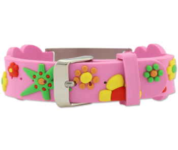 Close-up view of the clasp of the child's pink medical ID bracelet with colorful flowers and butterflies, rectangle titanium Medical ID emblem with red logo