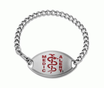 Classic Large MedicAlert medical ID bracelet in stainless steel with red MedicAlert logo on front