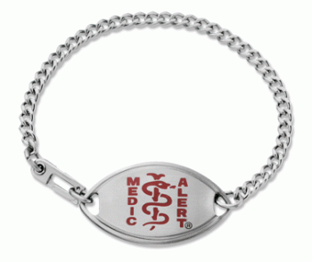 Classic MedicAlert medical ID bracelet in stainless steel with red MedicAlert logo on front