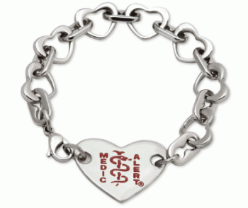 Stainless steel medical ID bracelet with heart shaped links and MedicAlert heart shaped emblem with red logo