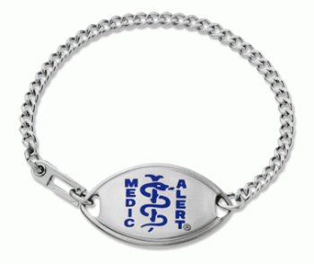 Classic MedicAlert medical ID bracelet in stainless steel with blue MedicAlert logo on front
