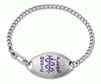 Classic MedicAlert medical ID bracelet in stainless steel with purple MedicAlert logo on front