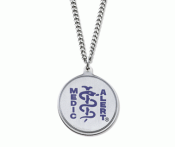 Classic MedicAlert necklace in stainless steel with purple MedicAlert logo on front