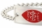 Close-up view of a medical ID bracelet with rope links, rectangle emblem in red