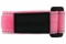 A close-up view of a pink reflective medical ID bracelet with fabric band, silver square MedicAlert emblem and logo