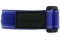 A close-up view of the blue reflective medical ID bracelet with fabric band, silver rectangle MedicAlert emblem and logo